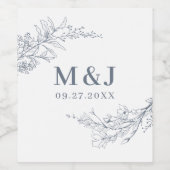 Azureエレガントアイボリーフローラリースモノグラム結婚ズ ワインラベル (シングルラベル)