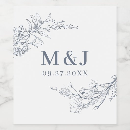 Azureエレガントアイボリーフローラリースモノグラム結婚ズ ワインラベル (シングルラベル)