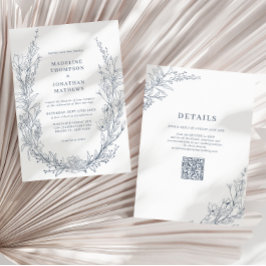 AzureエレガントアイボリーフローラリースQRコード結婚 招待状