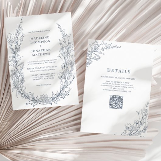 AzureエレガントアイボリーフローラリースQRコード結婚 招待状