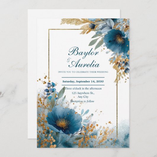 Azureエレガント開花と金ゴールドフレ結婚ーム 招待状 (正面/裏面)