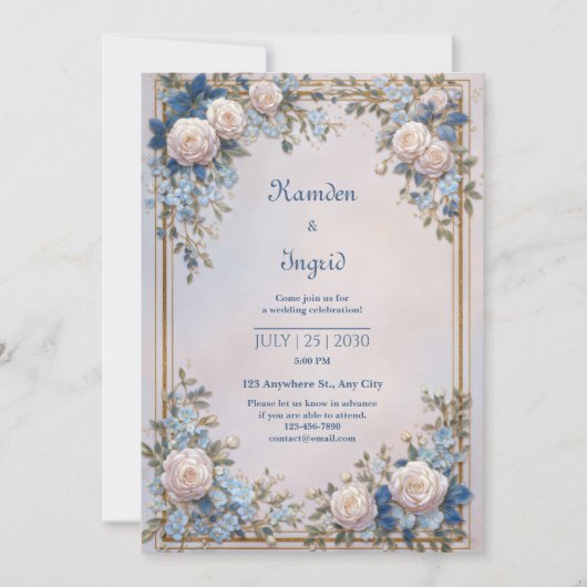 Azureリーフ装飾クリームローズフレーム結婚式 招待状 (正面)