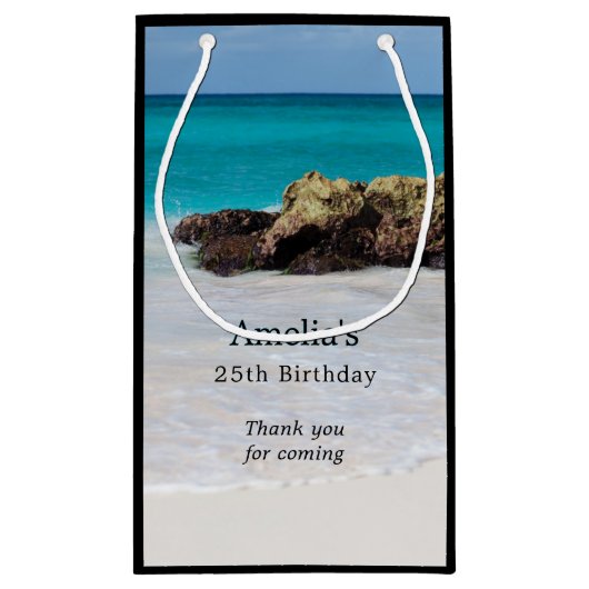 Azure海サンディビーチフォト誕生日ありがとう スモールペーパーバッグ (裏面)