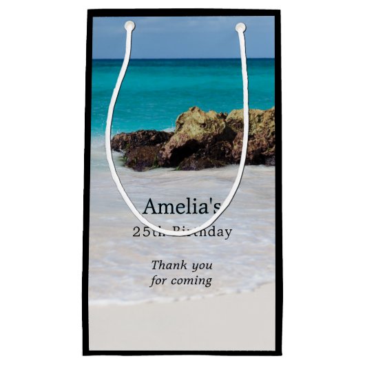 Azure海サンディビーチフォト誕生日ありがとう スモールペーパーバッグ (正面)