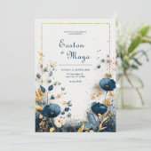Azure エレガント開花ネイビー金ゴールド結婚フローラ 招待状 (スタンド正面)