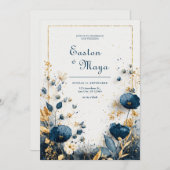 Azure エレガント開花ネイビー金ゴールド結婚フローラ 招待状 (正面/裏面)