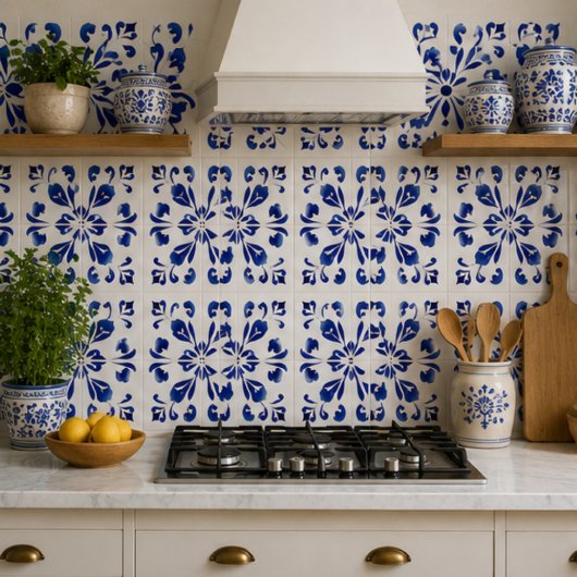 Azure Arabesque Floral Geometry Elegant Coastal タイル