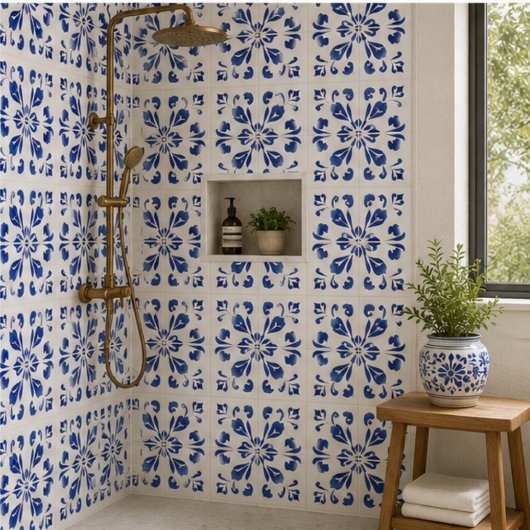 Azure Arabesque Floral Geometry Elegant Coastal タイル