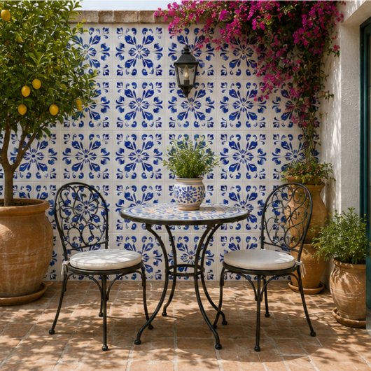 Azure Arabesque Floral Geometry Elegant Coastal タイル