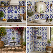 Azure Arabesque Floral Geometry Elegant Coastal タイル