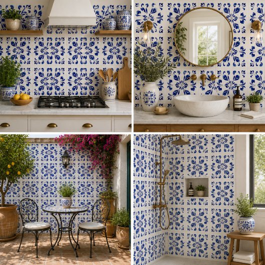 Azure Arabesque Floral Geometry Elegant Coastal タイル