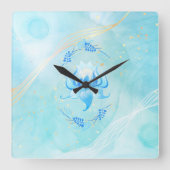 Azure Bloom Teal Lotus Flower スクエア壁時計 (正面)