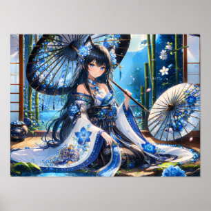 Azure Blossom Kimono Girl ポスター