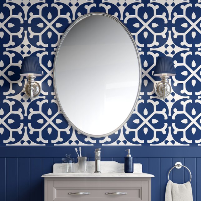 Azure Blossom Tiles – ネイビーとホワイト – Eclectic 壁紙 (Azure Blossom Tiles - Navy and White - Eclectic)