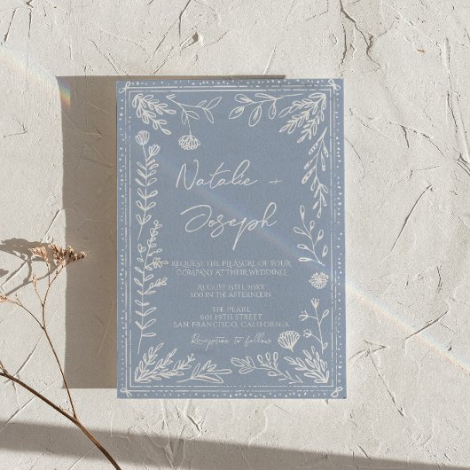 Azure Blue Floral Botanical QR Code Photo Wedding 招待状