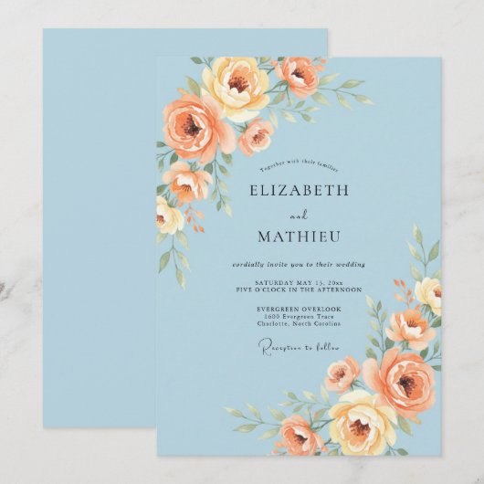 Azure Blue Graceful Summer Wedding 招待状 (正面/裏面)