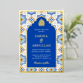Azure Blue Persian Mosaic Muslimの結婚金ゴールド 箔招待状 (立ち正面)