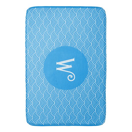 Azure Blue Wave Pattern モノグラムの Bath Mat バスマット (正面縦)
