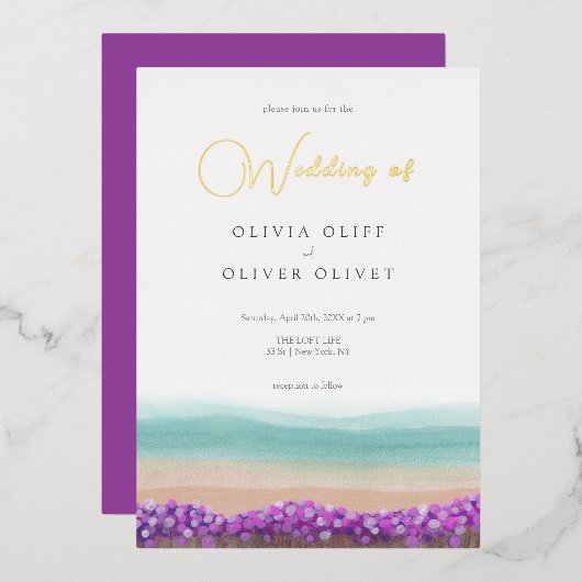 Azure Coast in 結婚開花 箔招待状 (正面/裏面)