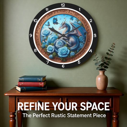 Azure Dragon Blue Rose Fantasy ラージ壁時計