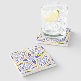 Azure Elegance Blue and Gold Floral Mosaic ストーンコースター