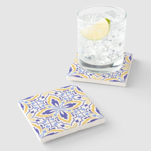 Azure Elegance Blue and Gold Floral Mosaic ストーンコースター (横)