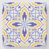 Azure Elegance Blue and Gold Floral Mosaic ストーンコースター (正面)