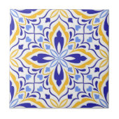 Azure Elegance Blue and Gold Floral Mosaic タイル (正面)