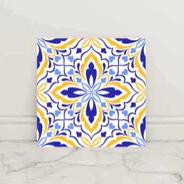 Azure Elegance Blue and Gold Floral Mosaic タイル