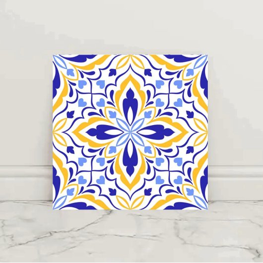 Azure Elegance Blue and Gold Floral Mosaic タイル