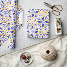 Azure Elegance Blue and Gold Floral Mosaic ラッピングペーパー
