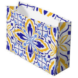 Azure Elegance Blue and Gold Floral Mosaic ラージペーパーバッグ