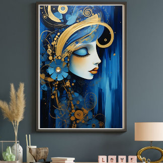 Azure Empress – Blue and Gold Art Deco Woman キャンバスプリント