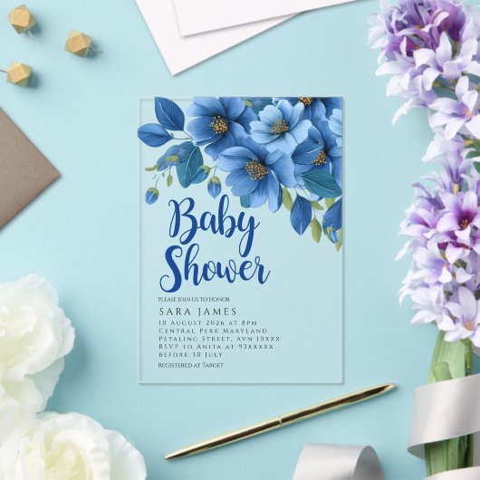 Azure Floral Acrylic Baby Shower Invitation アクリル招待状 (インサイチュ (ウェディング))
