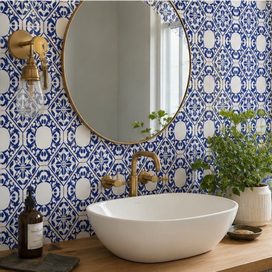 Azure Lattice Blue Geometric Floral Mediterranean タイル