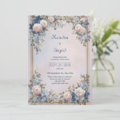 Azure Leaf Ornate Cream Rose Frame Wedding 招待状 (スタンド正面)