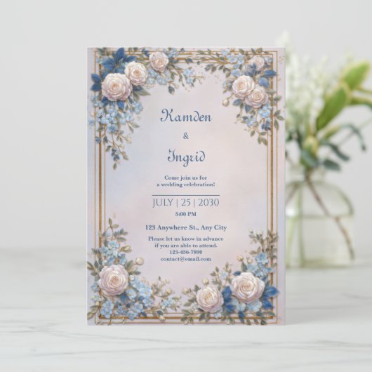 Azure Leaf Ornate Cream Rose Frame Wedding 招待状 (スタンド正面)