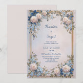 Azure Leaf Ornate Cream Rose Frame Wedding 招待状 (正面/裏面)