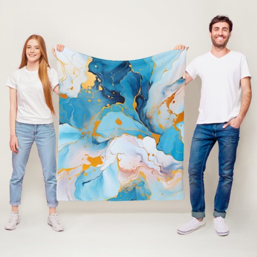 Azure Marble with Golden Splashes フリースブランケット (インサイチュ)