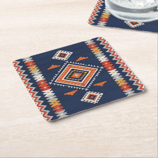 Azure Navy and Terracotta Geometric Tribal スクエアペーパーコースター