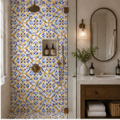Azure Petal Elegant Blue and Gold Floral Mosaic  タイル