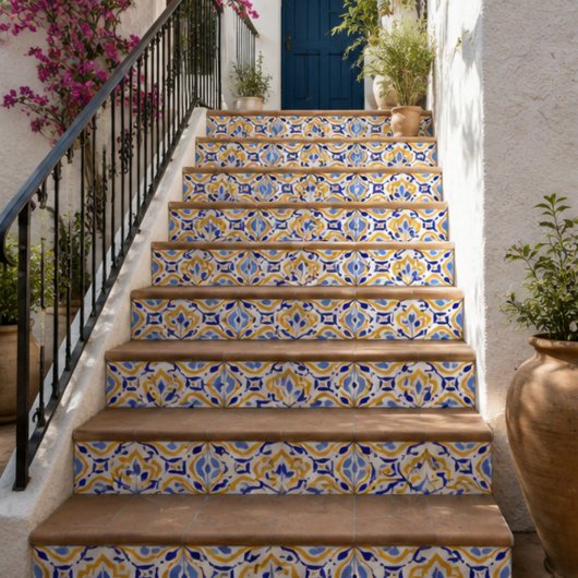 Azure Petal Elegant Blue and Gold Floral Mosaic  タイル