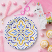 Azure Petal Elegant Blue and Gold Floral Mosaic ペーパープレート (パーティー)