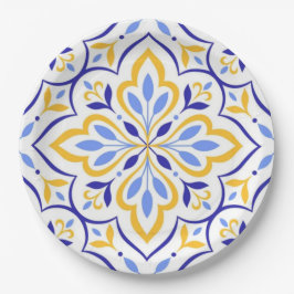 Azure Petal Elegant Blue and Gold Floral Mosaic ペーパープレート