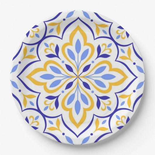 Azure Petal Elegant Blue and Gold Floral Mosaic ペーパープレート (正面)