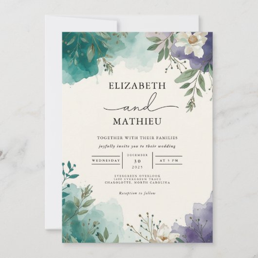 Azure Water Color Botanical 結婚's 招待状 (正面)