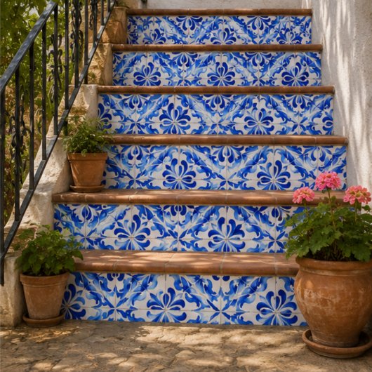Azure Waves Watercolor Blue Ornamental Mosaic タイル