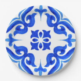 Azure Waves Watercolor Blue Ornamental Mosaic ペーパープレート