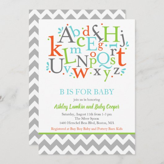 Bはベビーアルファベビーシャワー招待状用 招待状 (正面/裏面)