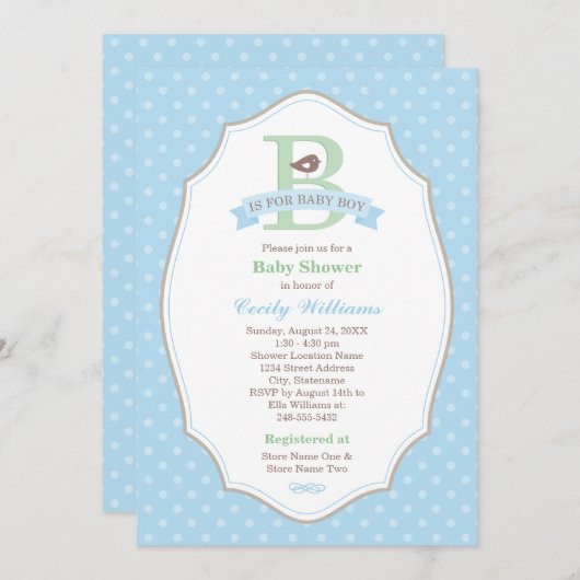 Bはベビーブルーの男の子のベビーシャワー用 招待状 (正面/裏面)
